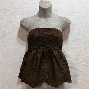 Wild Love Tube Top Womens M Brown Smocked Eyelet Peplum Strapless Boho Summer